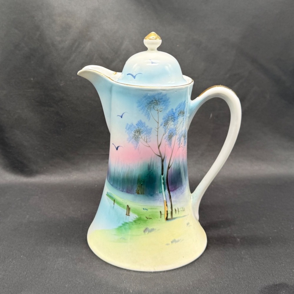 Vintage Nippon Hand Painted Chocolate Pot Porcelain Tree Birds Gold Trim 9.5"